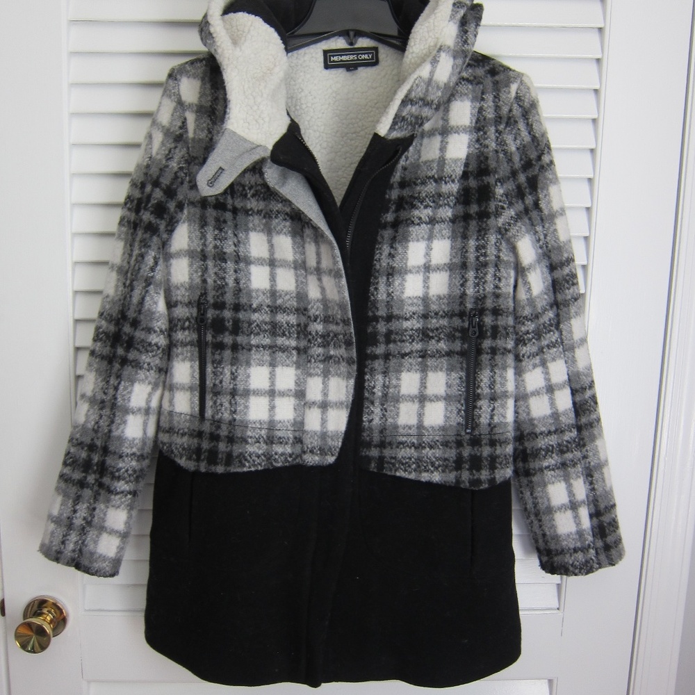 MEMBERS ONLY Sherpa Line Heavyweight Wool Coat Black & White Plaid Jacket